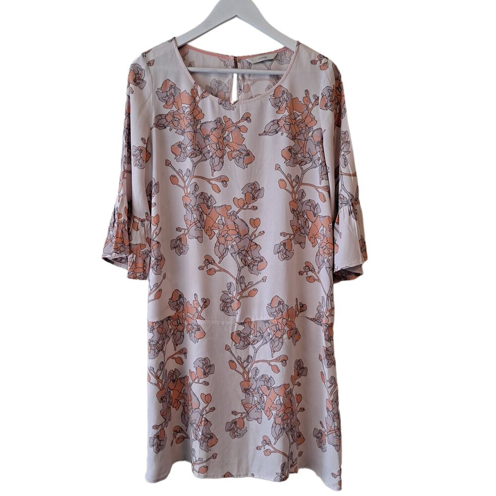 Numph Light Plush Pink Floral Crewneck Peplum Dress with Bell Sleeves